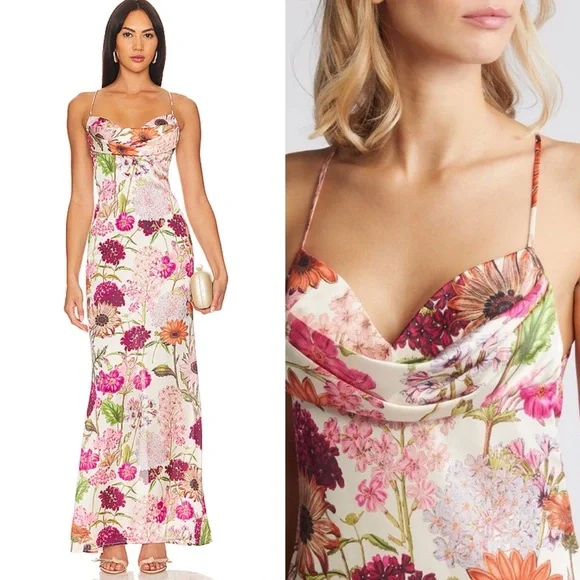 NWT Katie May Tara Gown Cowl Neck Pink Daisy Floral Maxi Dress size XL $288 MSRP - Picture 3 of 9